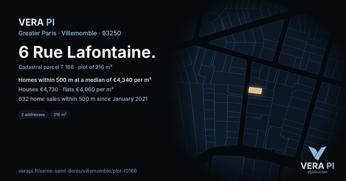 6 Rue Lafontaine, Villemomble at night – the plot lit, the parcels around coloured by the prices near them