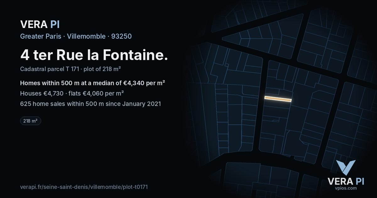 4 ter Rue la Fontaine, Villemomble at night – the plot lit, the parcels around coloured by the prices near them