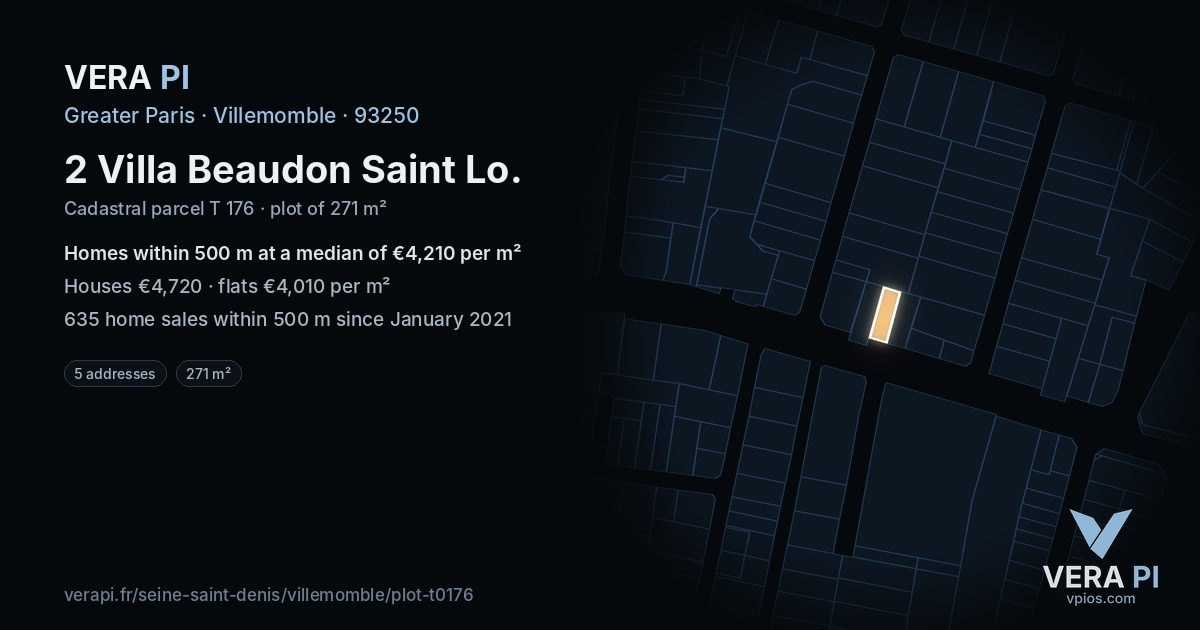 2 Villa Beaudon Saint Lo, Villemomble at night – the plot lit, the parcels around coloured by the prices near them