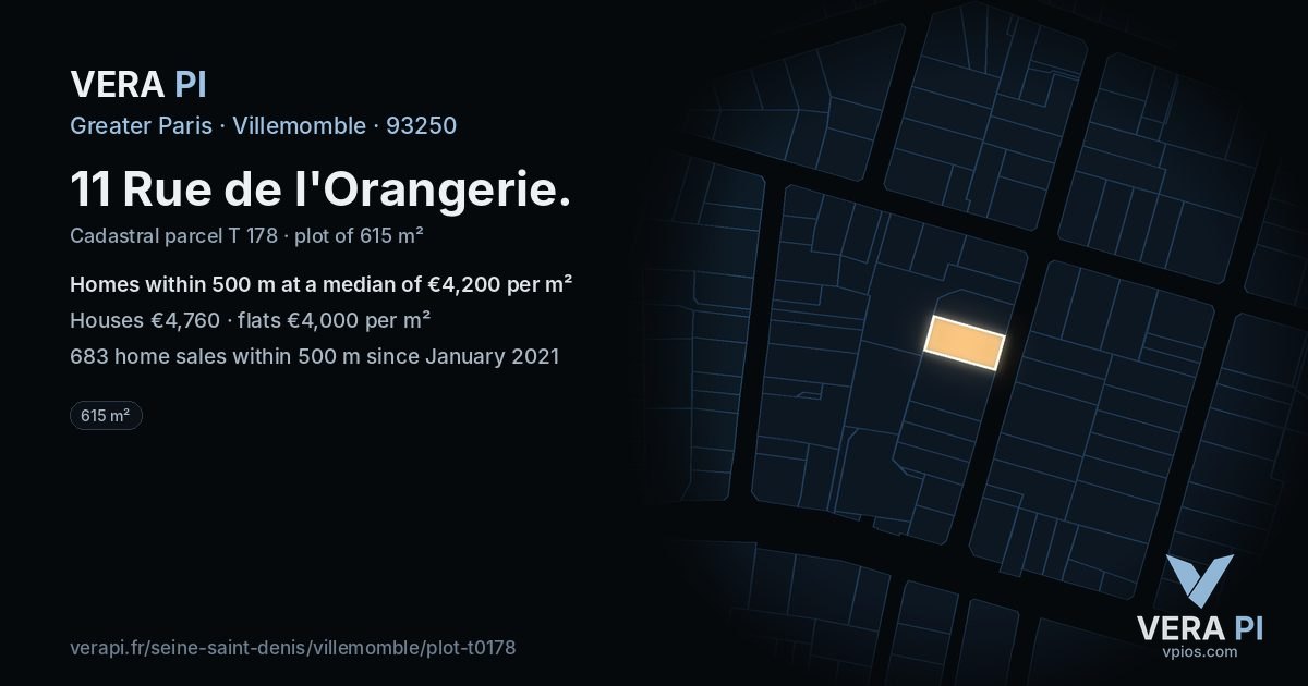 11 Rue de l'Orangerie, Villemomble at night – the plot lit, the parcels around coloured by the prices near them