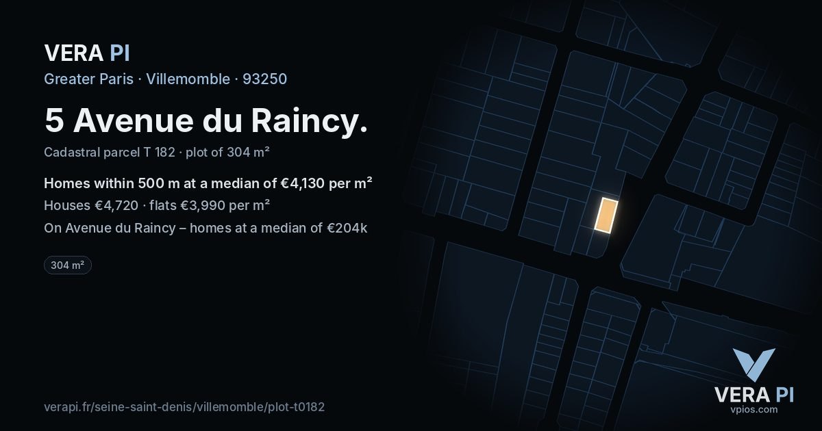 5 Avenue du Raincy, Villemomble at night – the plot lit, the parcels around coloured by the prices near them