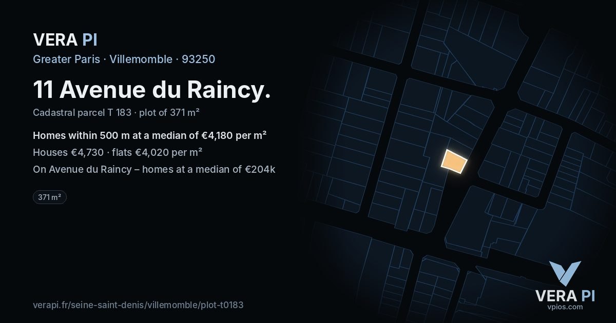 11 Avenue du Raincy, Villemomble at night – the plot lit, the parcels around coloured by the prices near them