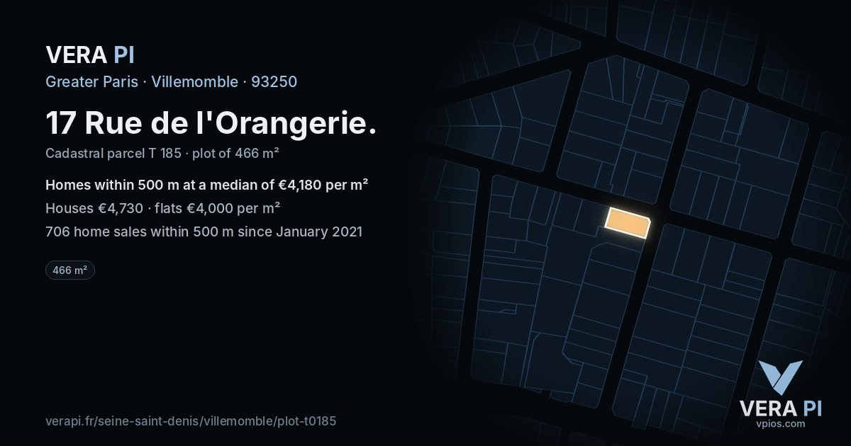 17 Rue de l'Orangerie, Villemomble at night – the plot lit, the parcels around coloured by the prices near them