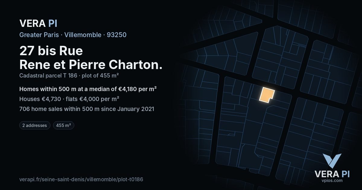 27 bis Rue Rene et Pierre Charton, Villemomble at night – the plot lit, the parcels around coloured by the prices near them