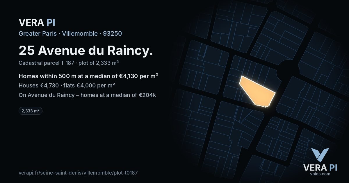 25 Avenue du Raincy, Villemomble at night – the plot lit, the parcels around coloured by the prices near them