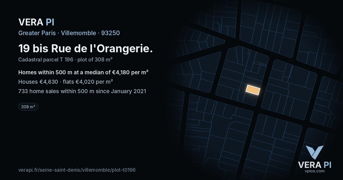 19 bis Rue de l'Orangerie, Villemomble at night – the plot lit, the parcels around coloured by the prices near them