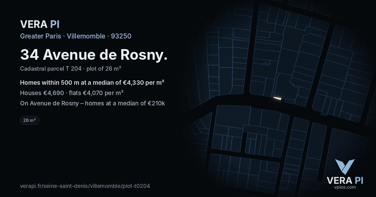 34 Avenue de Rosny, Villemomble at night – the plot lit, the parcels around coloured by the prices near them
