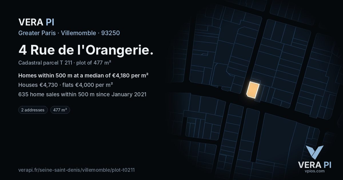4 Rue de l'Orangerie, Villemomble at night – the plot lit, the parcels around coloured by the prices near them