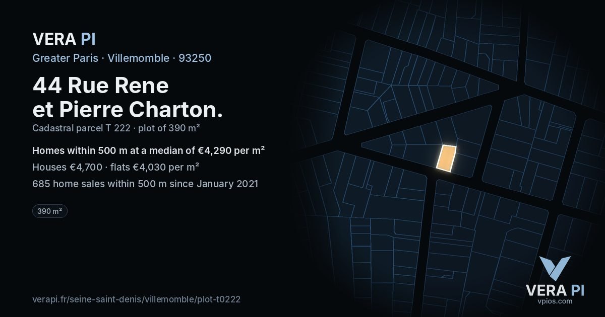 44 Rue Rene et Pierre Charton, Villemomble at night – the plot lit, the parcels around coloured by the prices near them