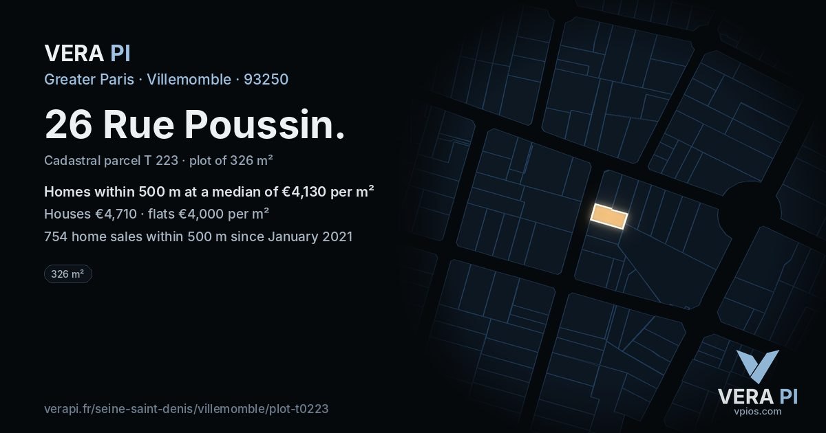 26 Rue Poussin, Villemomble at night – the plot lit, the parcels around coloured by the prices near them