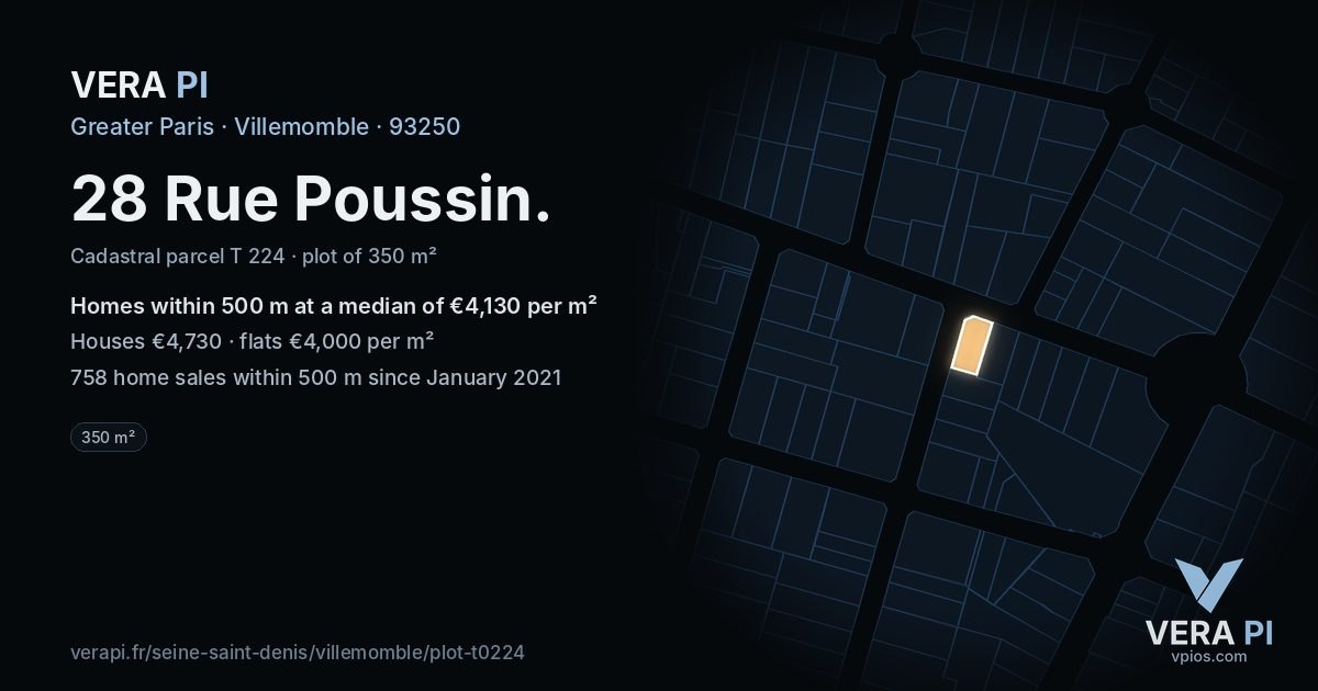 28 Rue Poussin, Villemomble at night – the plot lit, the parcels around coloured by the prices near them