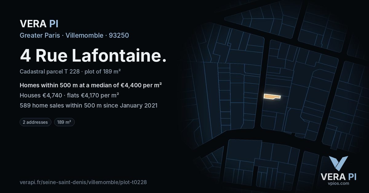 4 Rue Lafontaine, Villemomble at night – the plot lit, the parcels around coloured by the prices near them