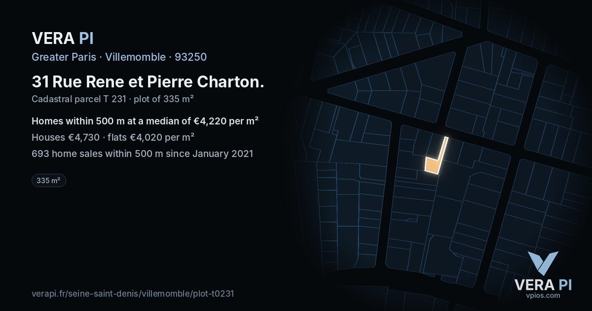 31 Rue Rene et Pierre Charton, Villemomble at night – the plot lit, the parcels around coloured by the prices near them