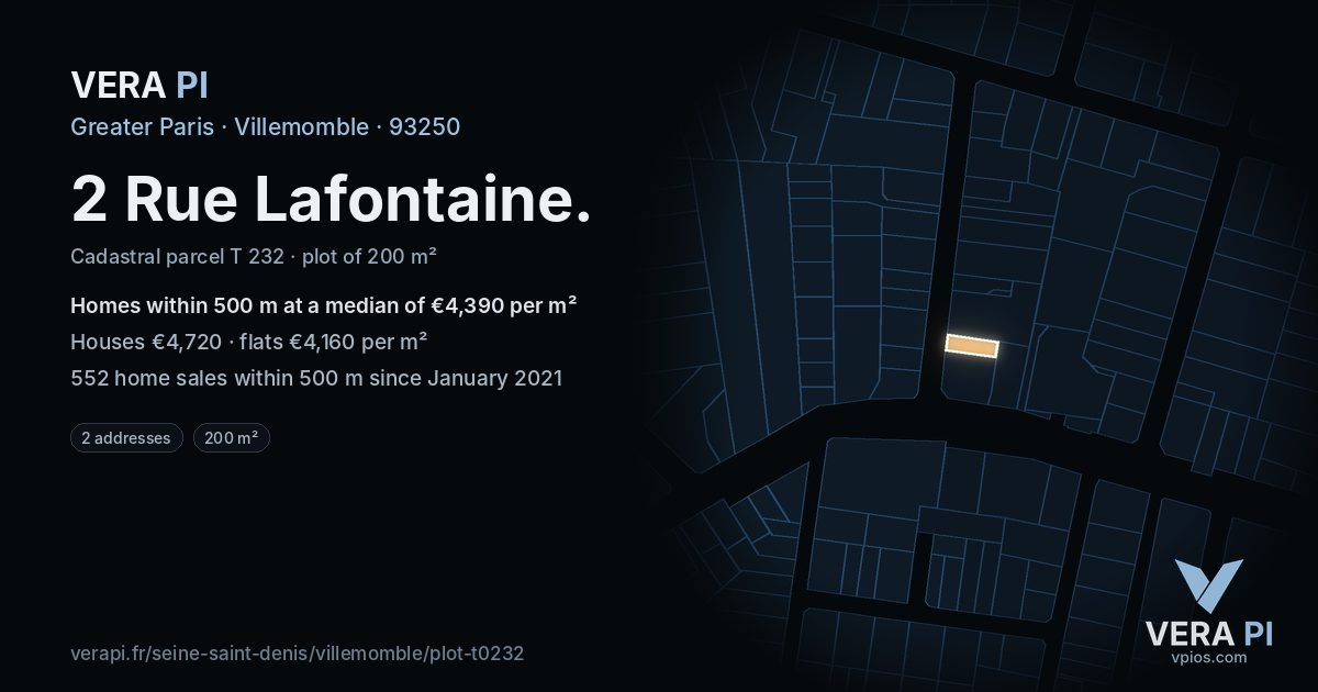 2 Rue Lafontaine, Villemomble at night – the plot lit, the parcels around coloured by the prices near them
