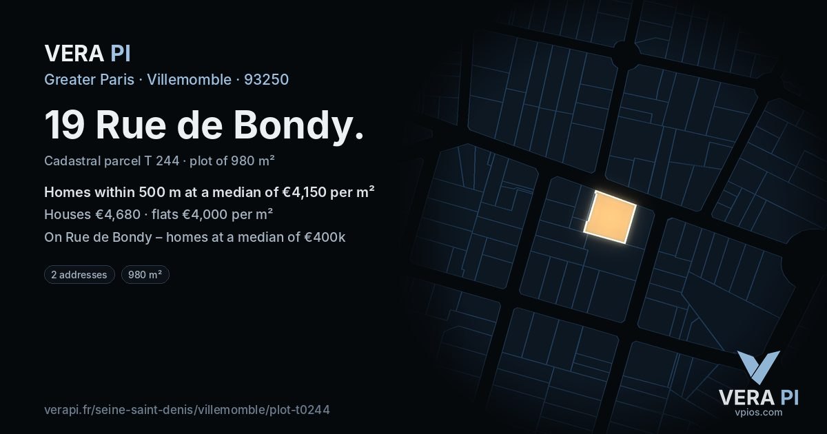 19 Rue de Bondy, Villemomble at night – the plot lit, the parcels around coloured by the prices near them
