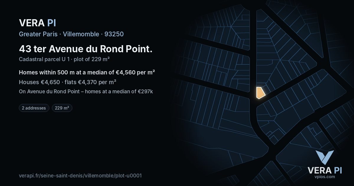 43 ter Avenue du Rond Point, Villemomble at night – the plot lit, the parcels around coloured by the prices near them