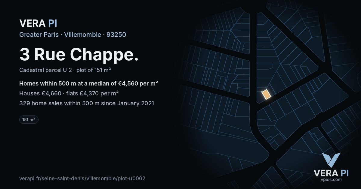 3 Rue Chappe, Villemomble at night – the plot lit, the parcels around coloured by the prices near them