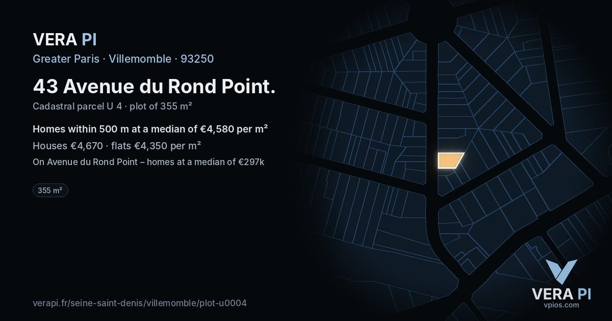 43 Avenue du Rond Point, Villemomble at night – the plot lit, the parcels around coloured by the prices near them