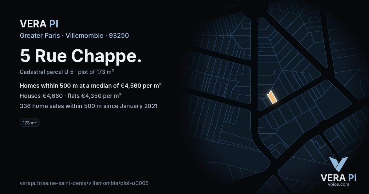 5 Rue Chappe, Villemomble at night – the plot lit, the parcels around coloured by the prices near them