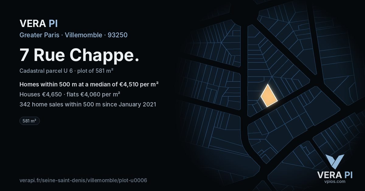 7 Rue Chappe, Villemomble at night – the plot lit, the parcels around coloured by the prices near them