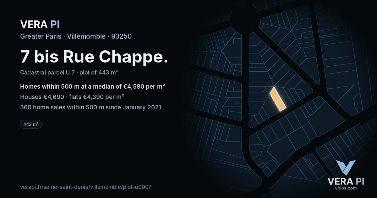 7 bis Rue Chappe, Villemomble at night – the plot lit, the parcels around coloured by the prices near them