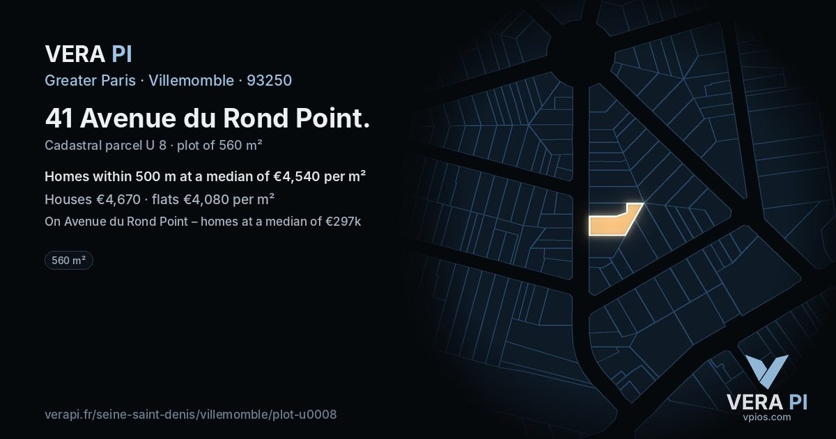 41 Avenue du Rond Point, Villemomble at night – the plot lit, the parcels around coloured by the prices near them