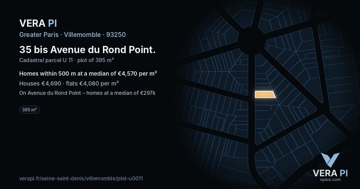 35 bis Avenue du Rond Point, Villemomble at night – the plot lit, the parcels around coloured by the prices near them
