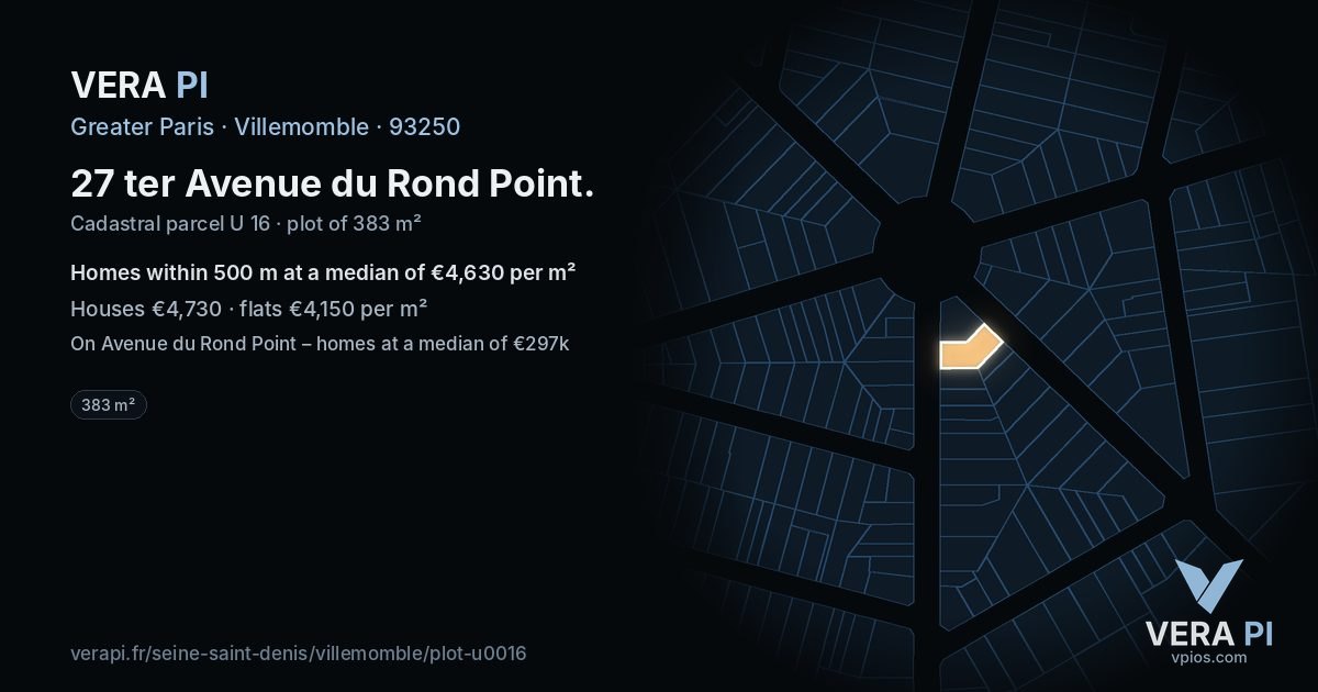 27 ter Avenue du Rond Point, Villemomble at night – the plot lit, the parcels around coloured by the prices near them