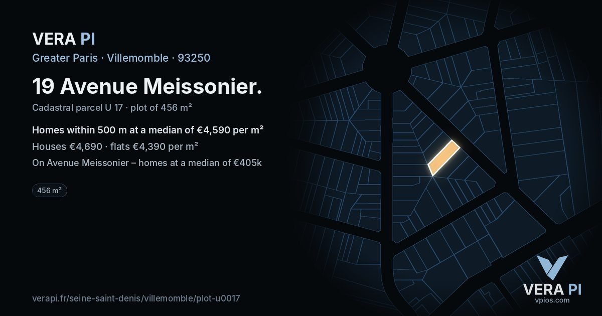 19 Avenue Meissonier, Villemomble at night – the plot lit, the parcels around coloured by the prices near them
