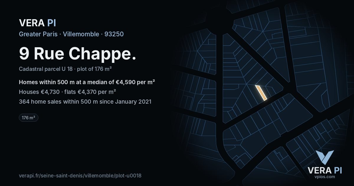 9 Rue Chappe, Villemomble at night – the plot lit, the parcels around coloured by the prices near them