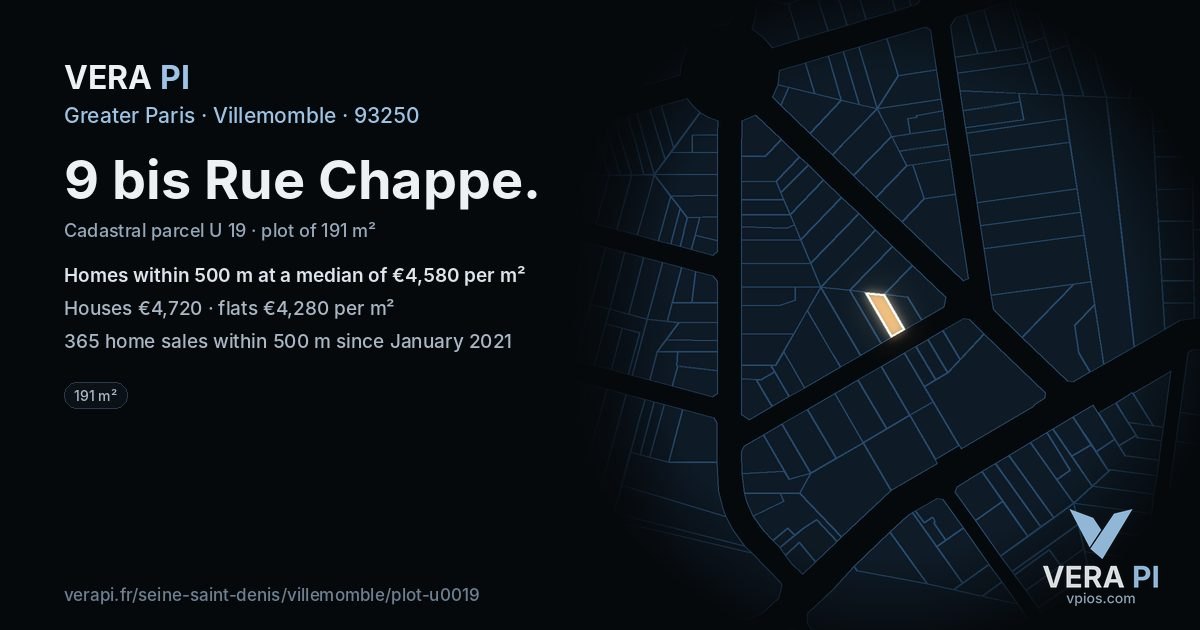 9 bis Rue Chappe, Villemomble at night – the plot lit, the parcels around coloured by the prices near them