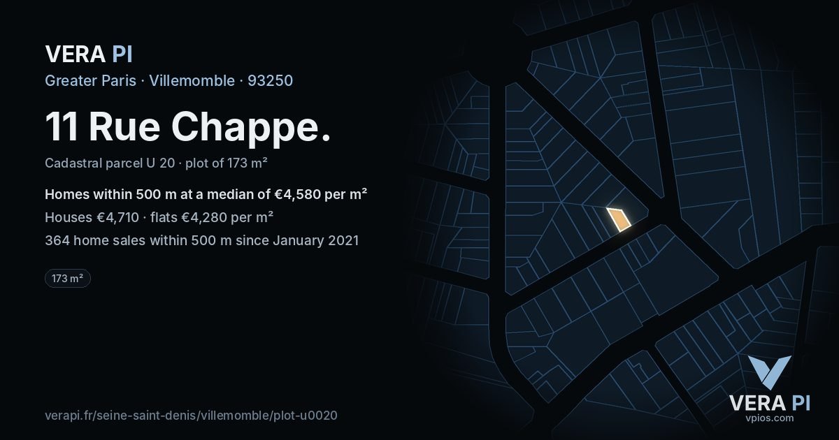 11 Rue Chappe, Villemomble at night – the plot lit, the parcels around coloured by the prices near them