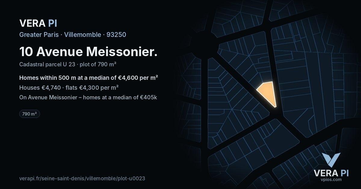 10 Avenue Meissonier, Villemomble at night – the plot lit, the parcels around coloured by the prices near them