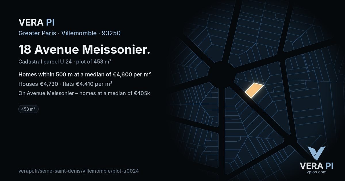 18 Avenue Meissonier, Villemomble at night – the plot lit, the parcels around coloured by the prices near them