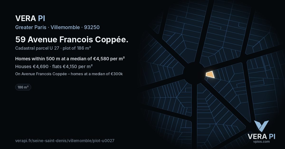 59 Avenue Francois Coppée, Villemomble at night – the plot lit, the parcels around coloured by the prices near them