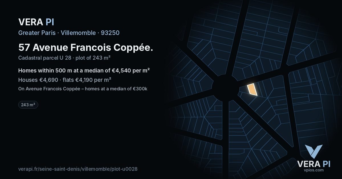 57 Avenue Francois Coppée, Villemomble at night – the plot lit, the parcels around coloured by the prices near them