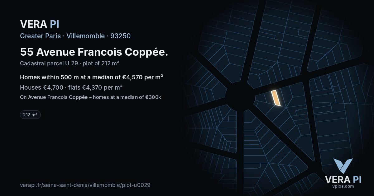 55 Avenue Francois Coppée, Villemomble at night – the plot lit, the parcels around coloured by the prices near them