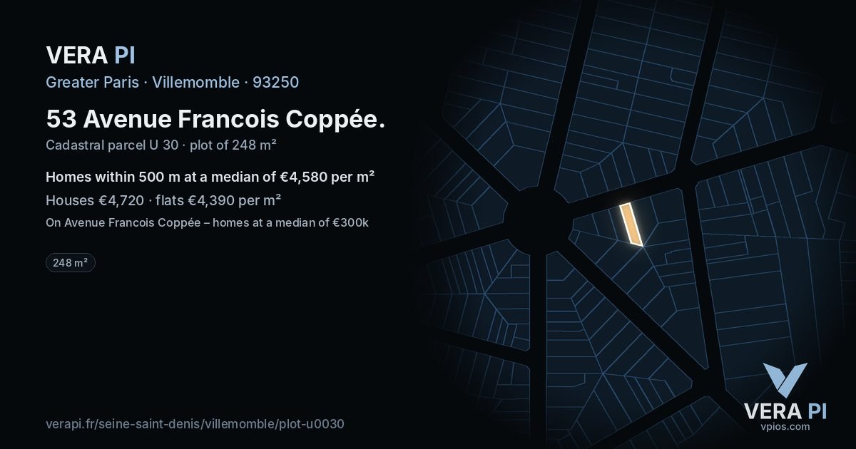 53 Avenue Francois Coppée, Villemomble at night – the plot lit, the parcels around coloured by the prices near them