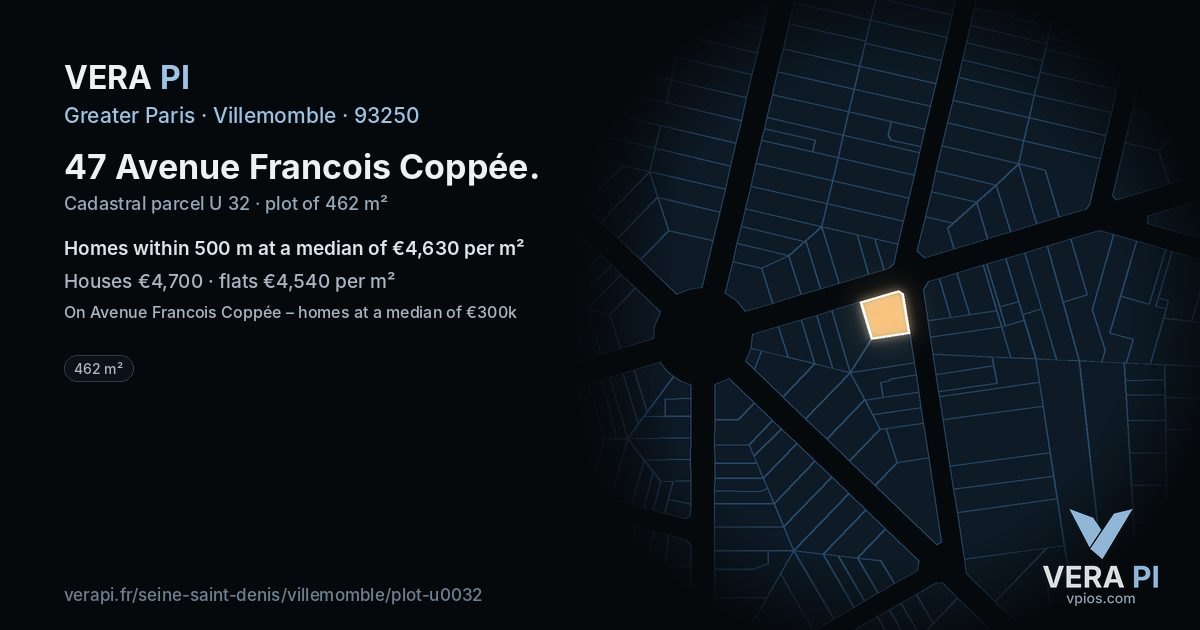 47 Avenue Francois Coppée, Villemomble at night – the plot lit, the parcels around coloured by the prices near them