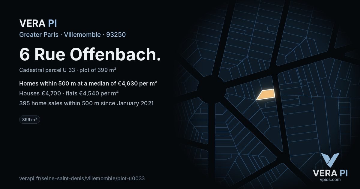 6 Rue Offenbach, Villemomble at night – the plot lit, the parcels around coloured by the prices near them