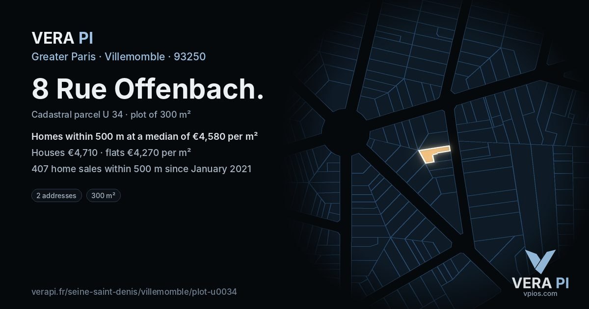 8 Rue Offenbach, Villemomble at night – the plot lit, the parcels around coloured by the prices near them
