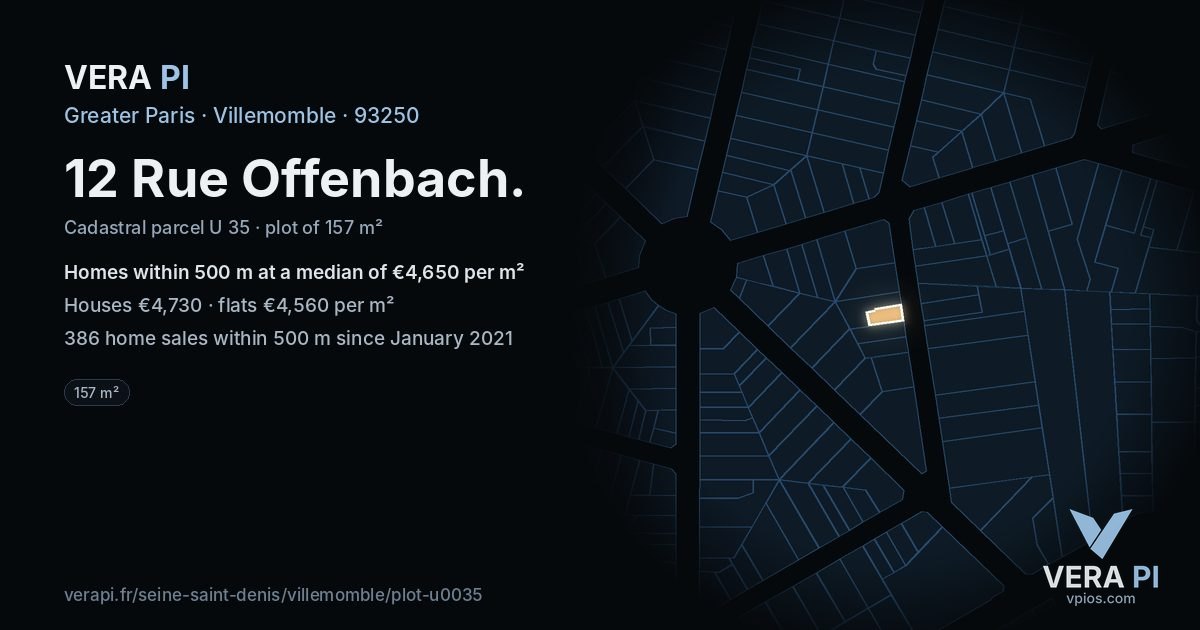 12 Rue Offenbach, Villemomble at night – the plot lit, the parcels around coloured by the prices near them