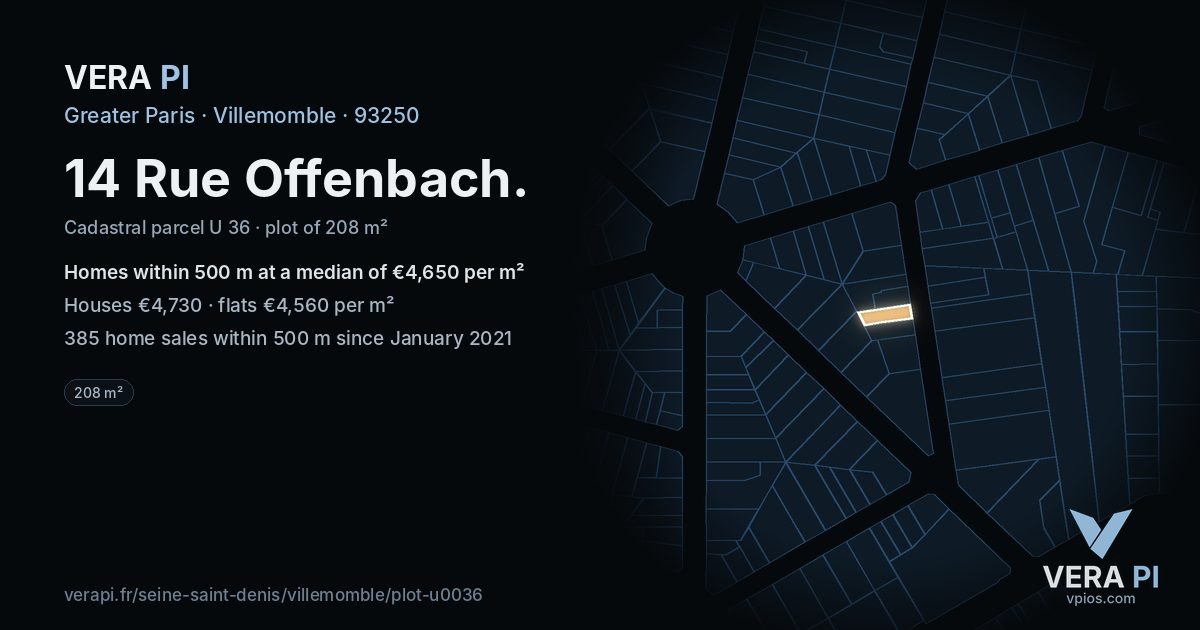 14 Rue Offenbach, Villemomble at night – the plot lit, the parcels around coloured by the prices near them