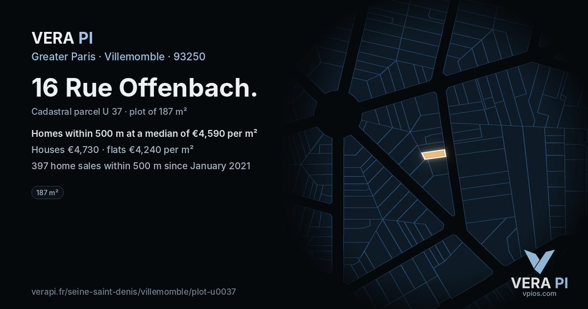 16 Rue Offenbach, Villemomble at night – the plot lit, the parcels around coloured by the prices near them