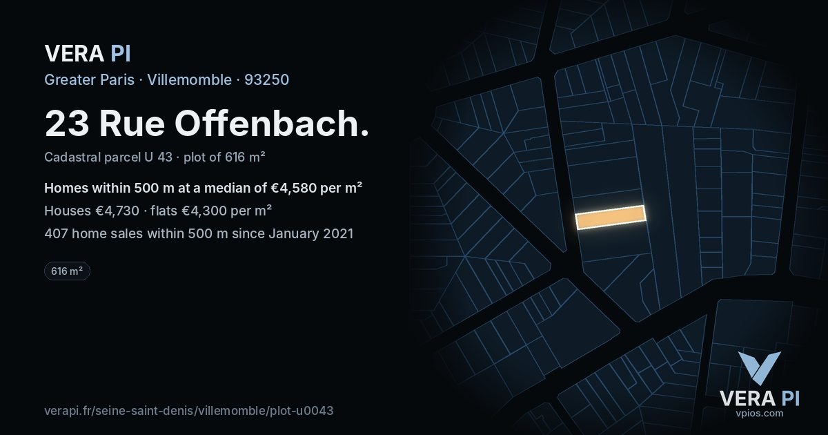 23 Rue Offenbach, Villemomble at night – the plot lit, the parcels around coloured by the prices near them
