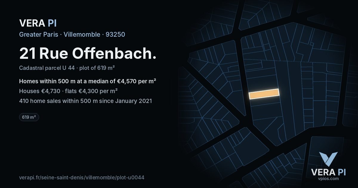 21 Rue Offenbach, Villemomble at night – the plot lit, the parcels around coloured by the prices near them