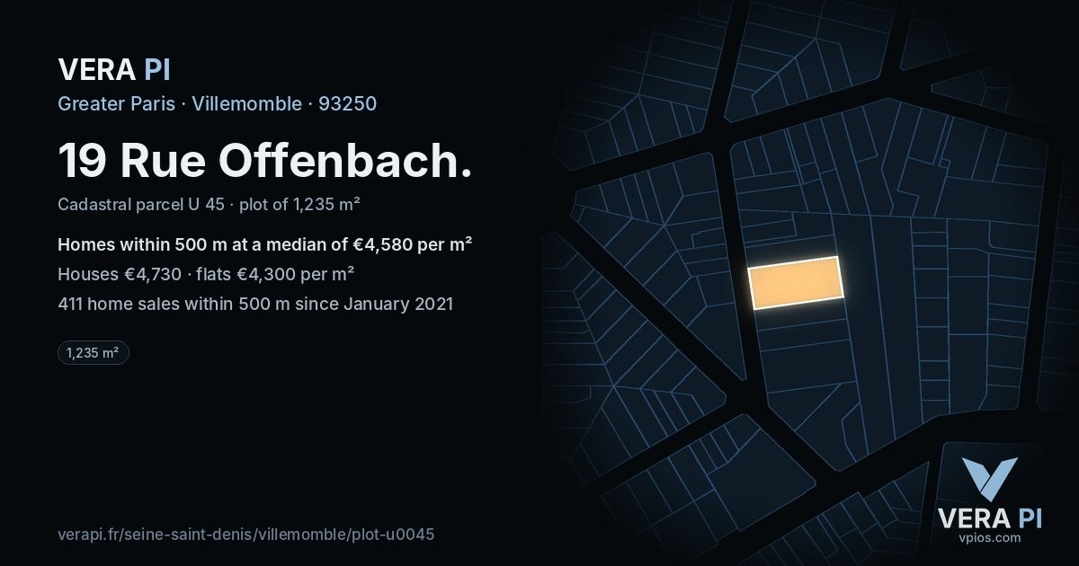 19 Rue Offenbach, Villemomble at night – the plot lit, the parcels around coloured by the prices near them