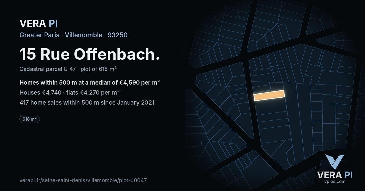 15 Rue Offenbach, Villemomble at night – the plot lit, the parcels around coloured by the prices near them