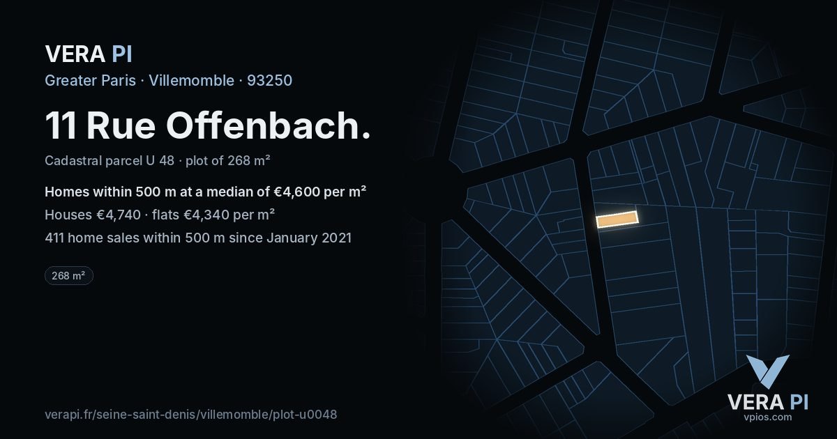 11 Rue Offenbach, Villemomble at night – the plot lit, the parcels around coloured by the prices near them
