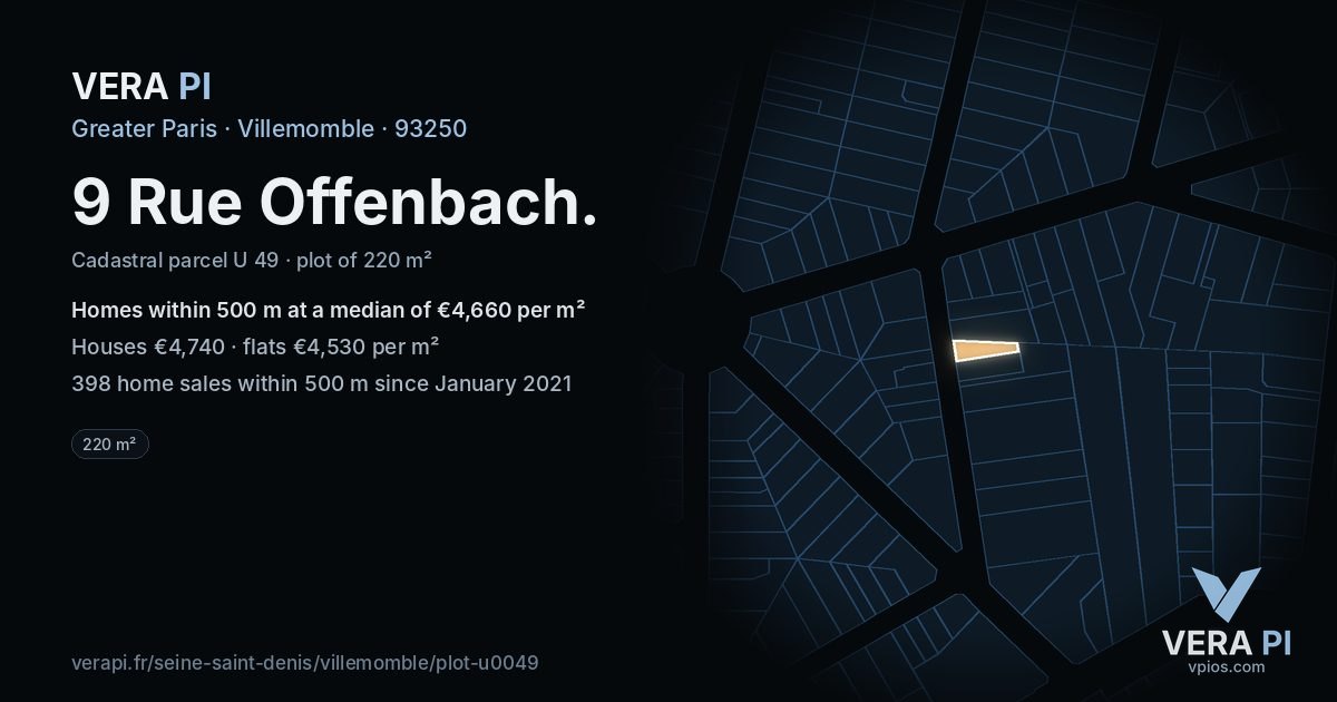 9 Rue Offenbach, Villemomble at night – the plot lit, the parcels around coloured by the prices near them